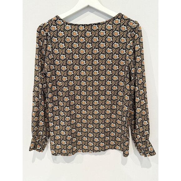 Loft Top Womens Peasant Cottageocre Floral Old Money Romantic Black Orange Sz S - Picture 2 of 11